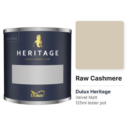 Dulux Heritage Raw Cashmere 125ml tester pot and colour swatch