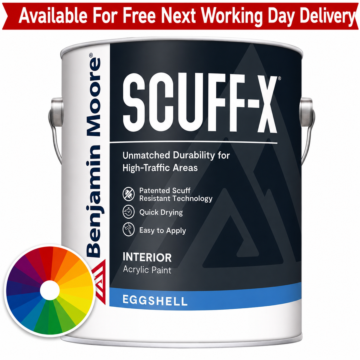 Benjamin Moore SCUFF-X paint can with color swatch and promotional text on a white background