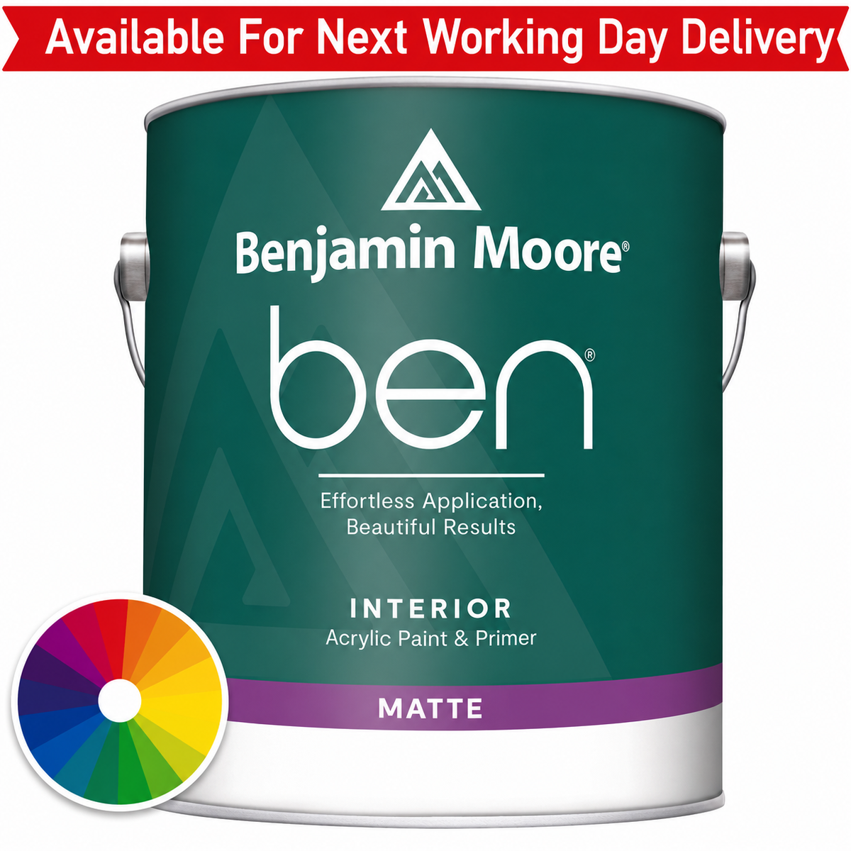 Benjamin Moore Ben paint can with color swatch on a white background