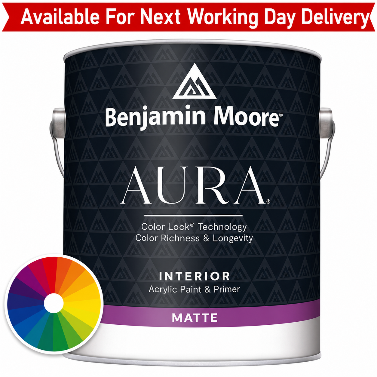 Benjamin Moore Aura paint can with color wheel on a white background