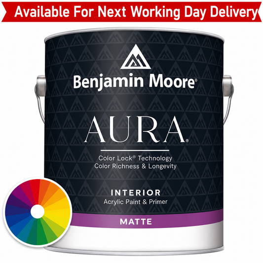 Benjamin Moore Aura paint can with color wheel on a white background