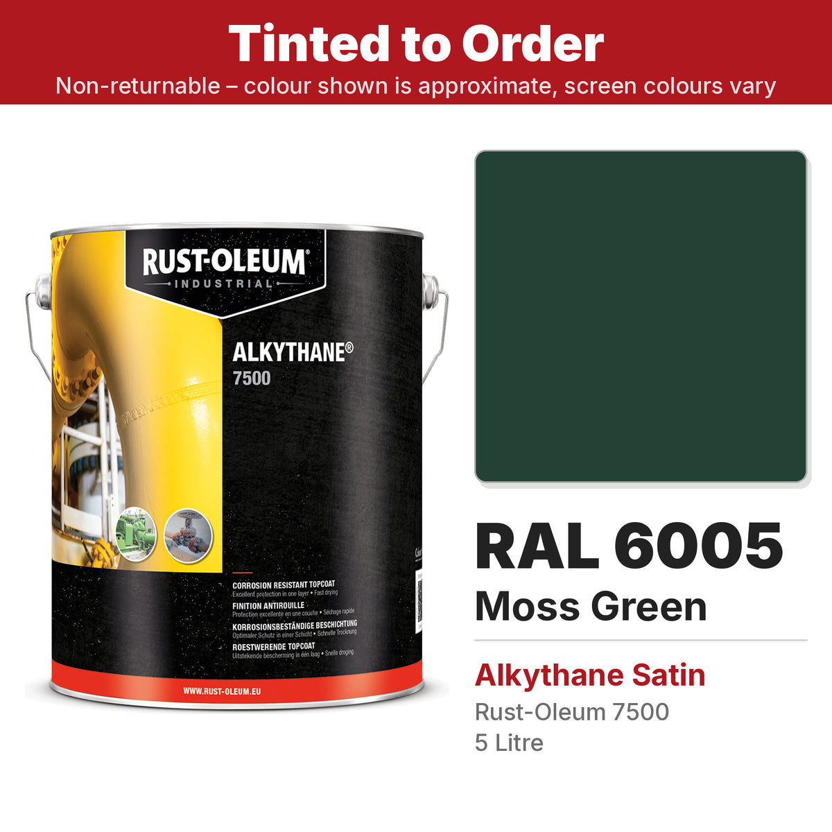Rust-Oleum 7500 Alkythane Satin RAL 6005 Moss Green colour swatch and 5L tin