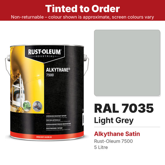 Rust-Oleum 7500 Alkythane Satin RAL 7035 Light Grey colour swatch and 5L tin