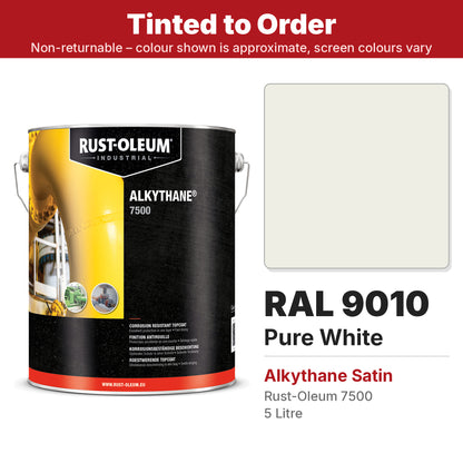 Rust-Oleum 7500 Alkythane Satin RAL 9010 Pure White colour swatch and 5L tin