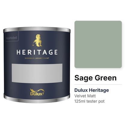 Dulux Heritage Sage Green 125ml tester pot and colour swatch