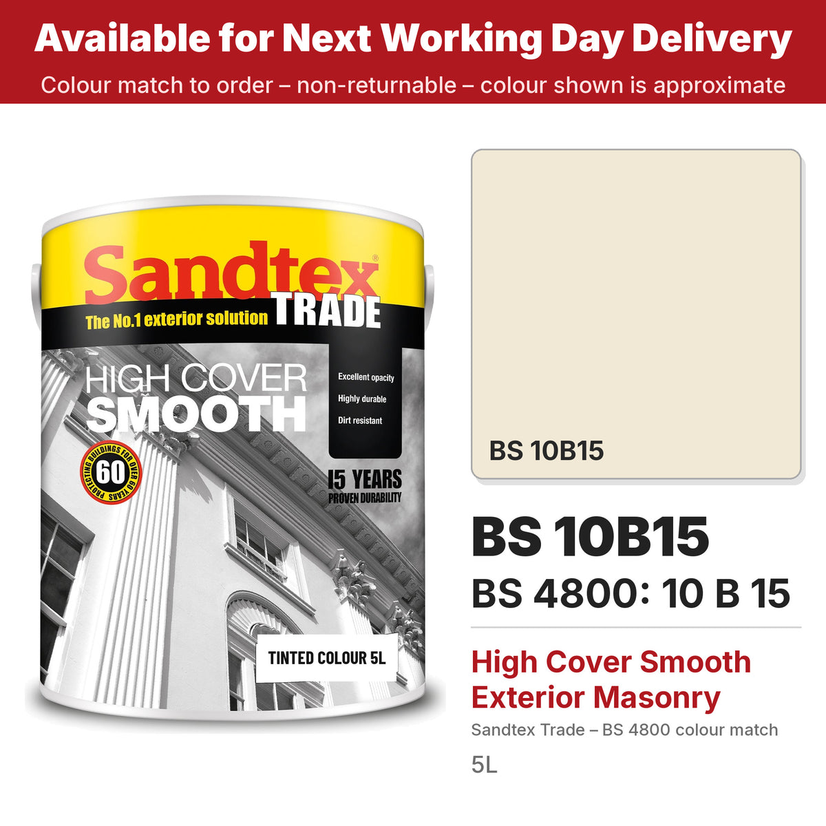 Sandtex Trade High Cover Smooth Masonry tin with BS 10B15 colour swatch (#F1E8D5)