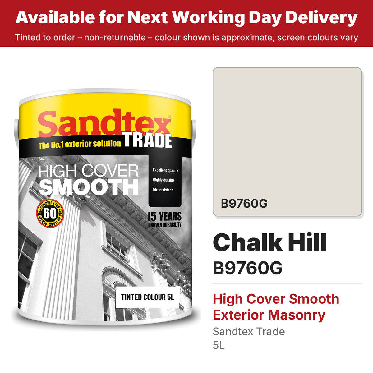 Sandtex Trade High Cover Smooth Masonry tin with Chalk Hill colour swatch (#E6E1D6)
