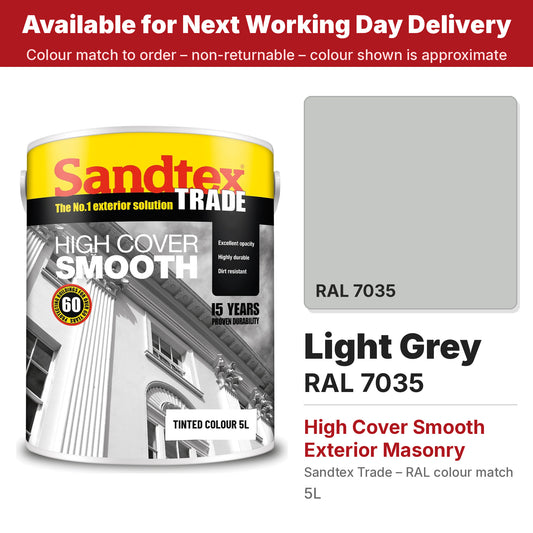 Sandtex Trade High Cover Smooth Masonry tin with RAL 7035 Light Grey colour swatch (#C5C7C4)