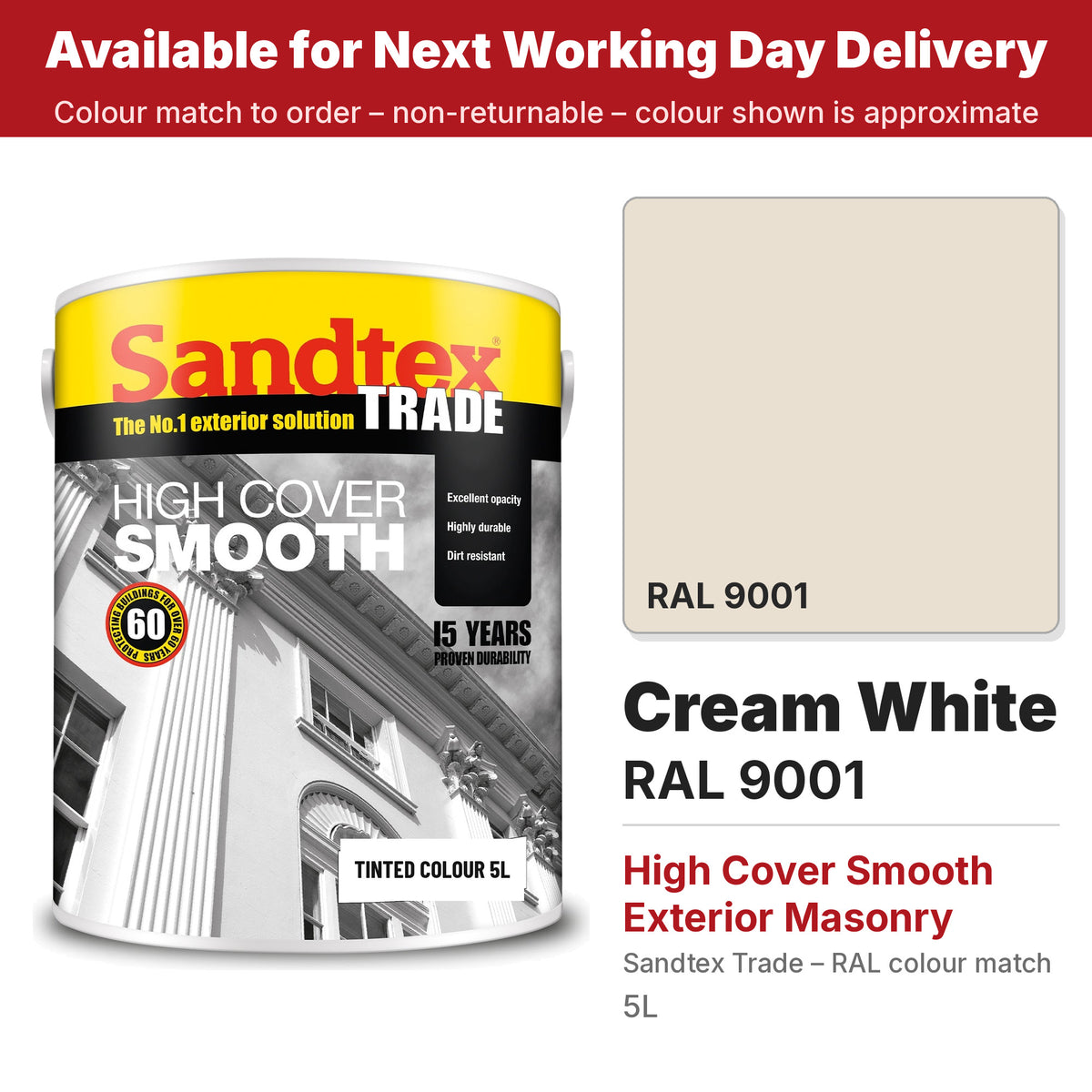 Sandtex Trade High Cover Smooth Masonry tin with RAL 9001 Cream White colour swatch (#E9E0D2)