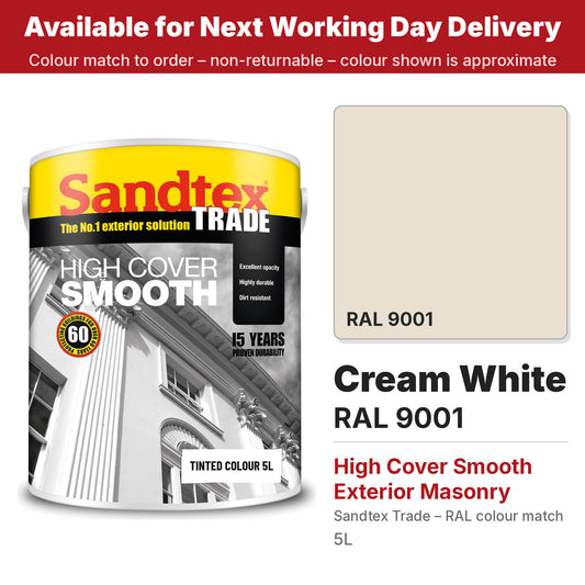Sandtex Trade High Cover Smooth Masonry tin with RAL 9001 Cream White colour swatch (#E9E0D2)