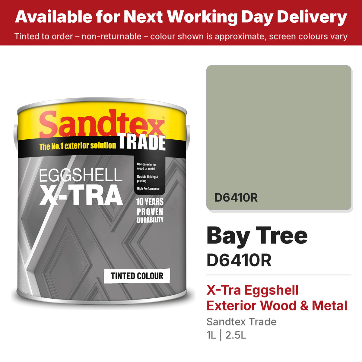 Sandtex Trade X-Tra Eggshell tin with Bay Tree colour swatch (#A8AE99)