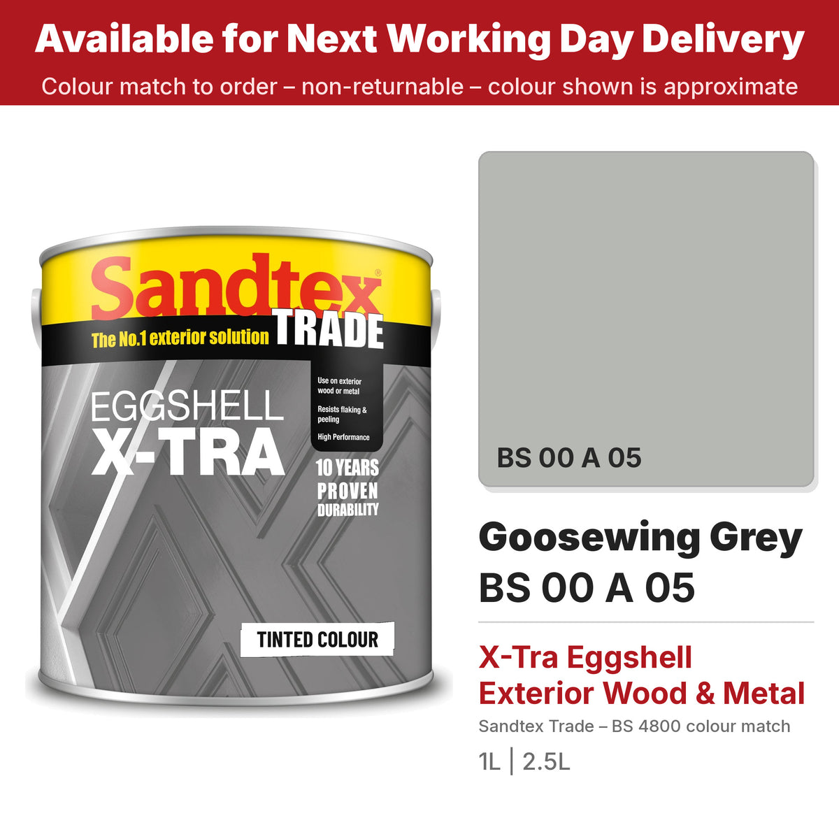 Sandtex Trade X-Tra Eggshell tin with BS 00A05 Goosewing Grey colour swatch (#B5B8B3)