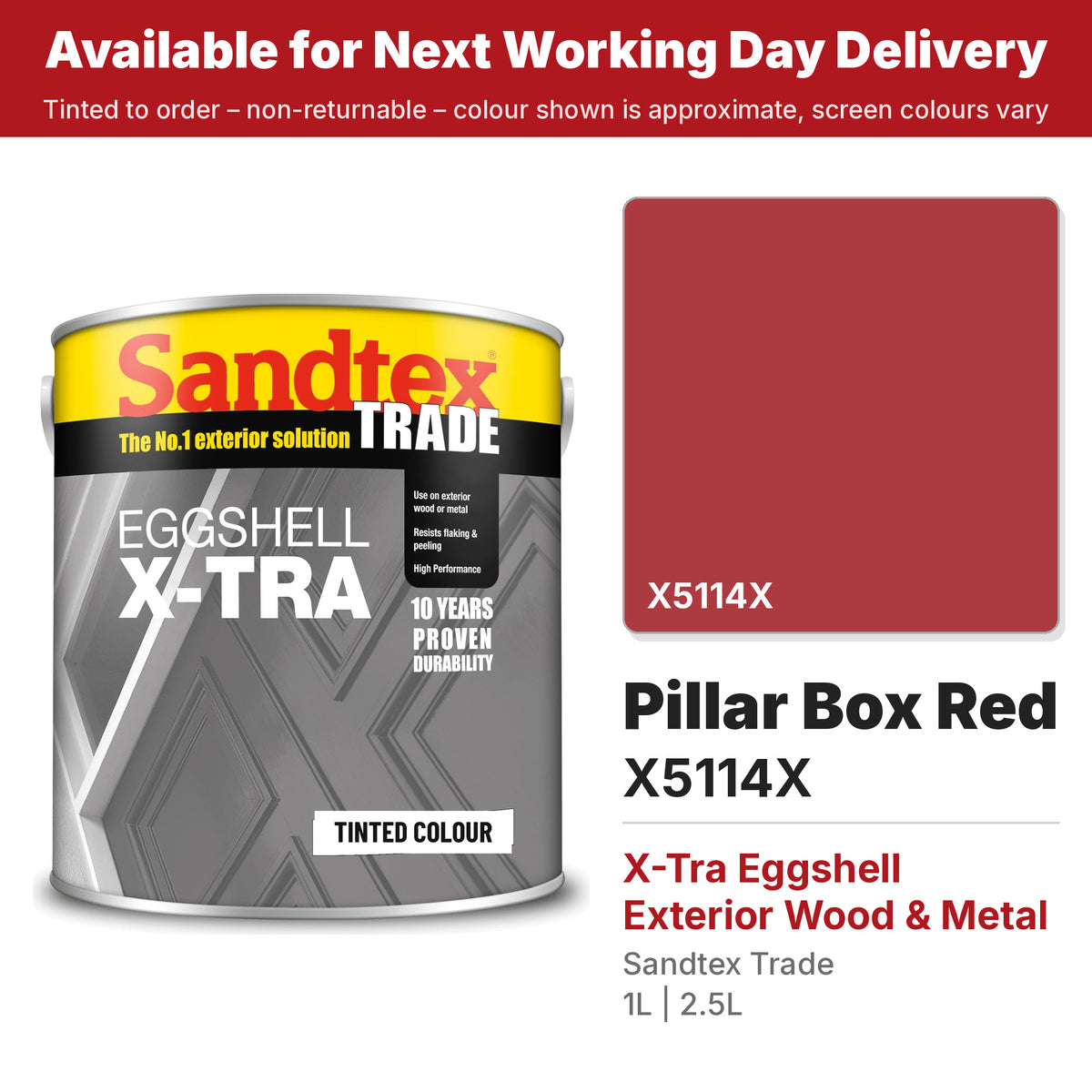 Sandtex Trade X-Tra Eggshell tin with Pillar Box Red colour swatch (#AB3B40)