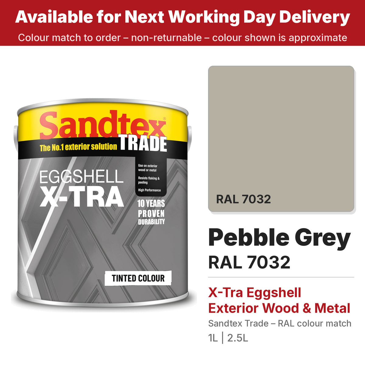Sandtex Trade X-Tra Eggshell tin with RAL 7032 Pebble Grey colour swatch (#B5B0A1)
