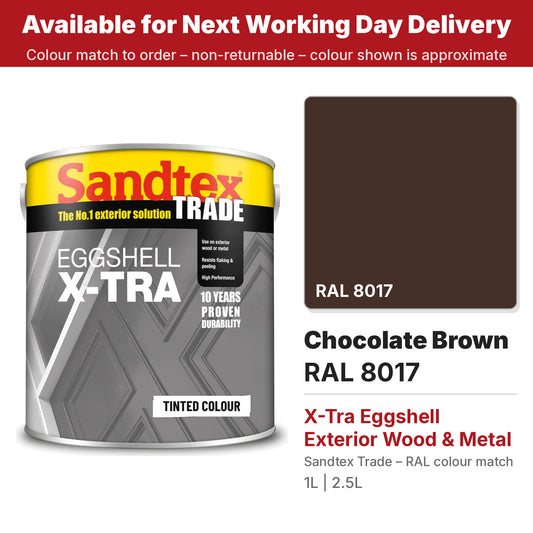 Sandtex Trade X-Tra Eggshell tin with RAL 8017 Chocolate Brown colour swatch (#442F29)