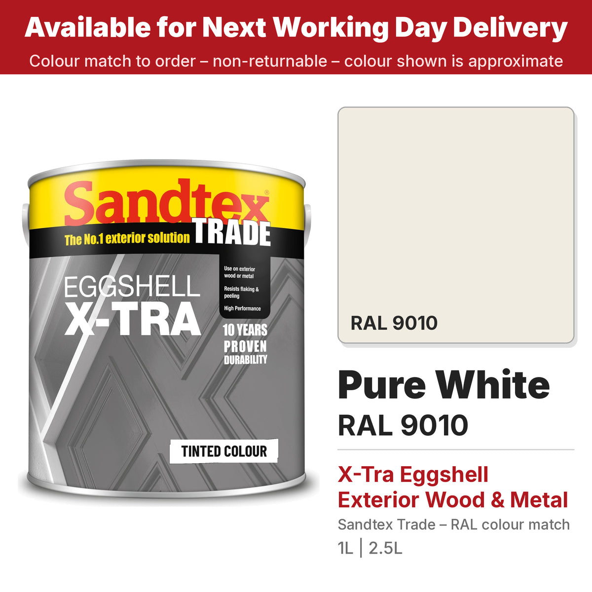 Sandtex Trade X-Tra Eggshell tin with RAL 9010 Pure White colour swatch (#F1ECE1)