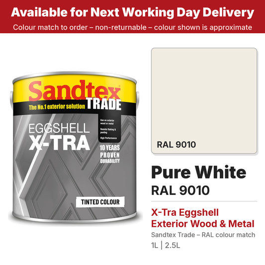Sandtex Trade X-Tra Eggshell tin with RAL 9010 Pure White colour swatch (#F1ECE1)
