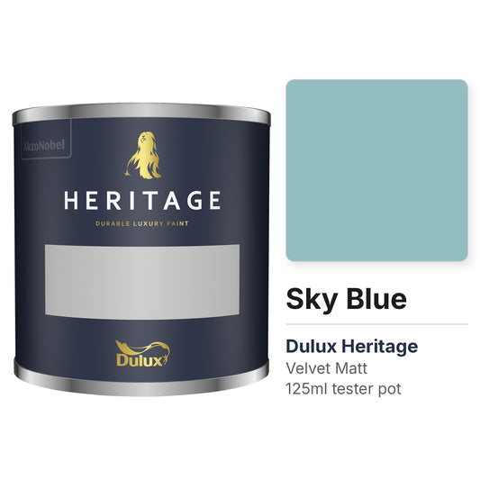 Dulux Heritage Sky Blue 125ml tester pot and colour swatch