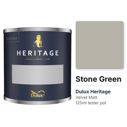 Dulux Heritage Stone Green 125ml tester pot and colour swatch