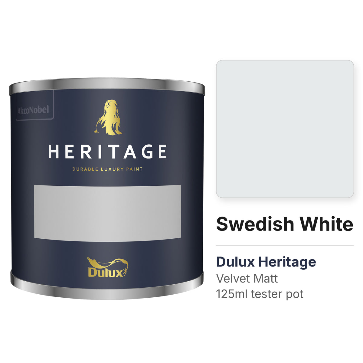 Dulux Heritage Swedish White 125ml tester pot and colour swatch