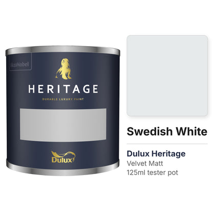 Dulux Heritage Swedish White 125ml tester pot and colour swatch