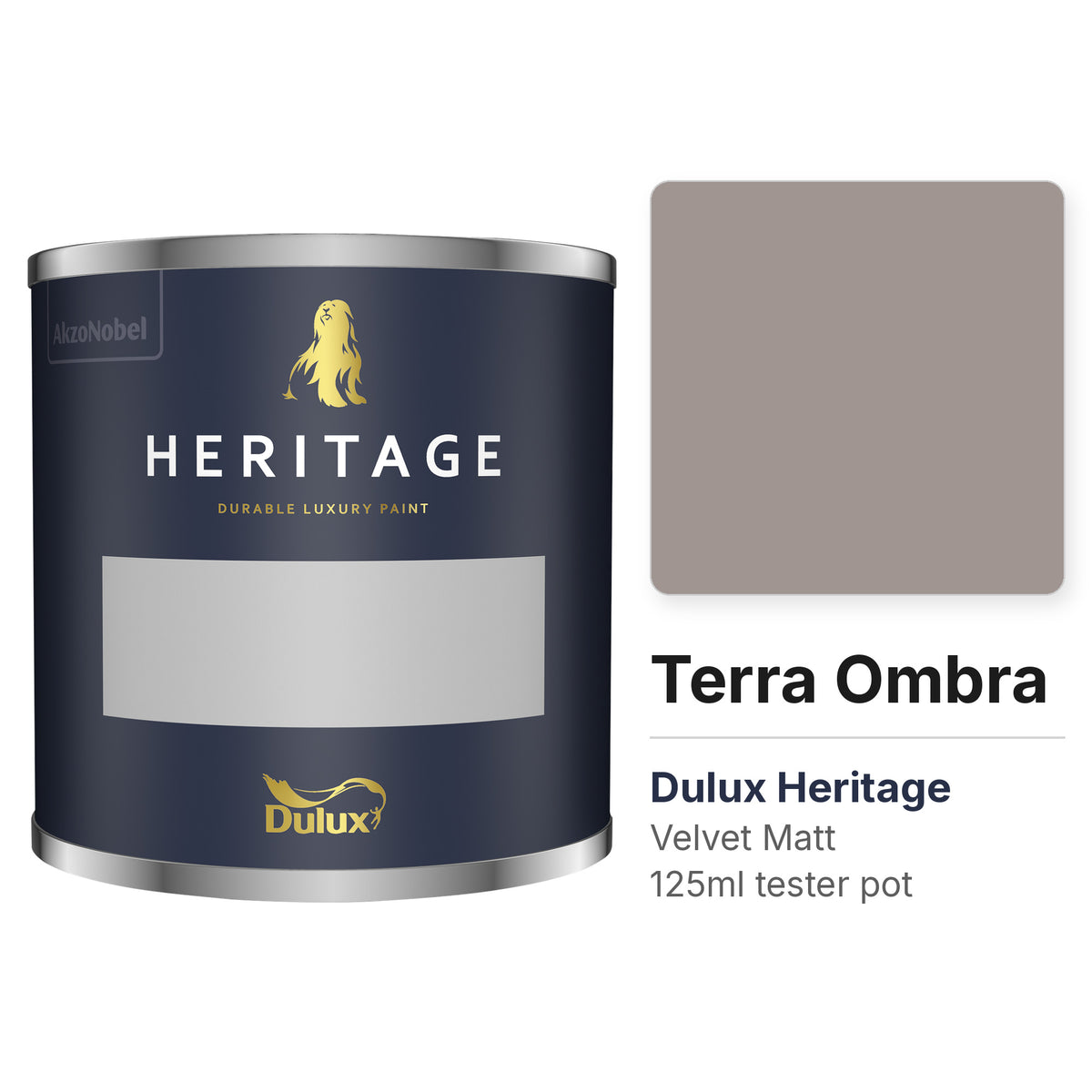 Dulux Heritage Terra Ombra 125ml tester pot and colour swatch