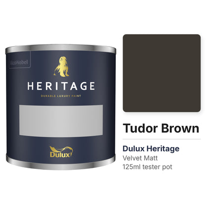 Dulux Heritage Tudor Brown 125ml tester pot and colour swatch
