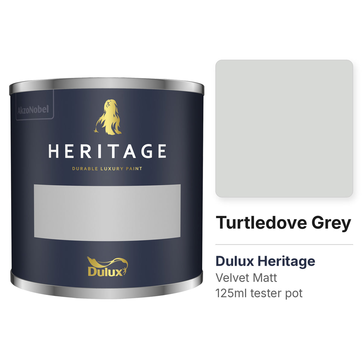 Dulux Heritage Turtledove Grey 125ml tester pot and colour swatch