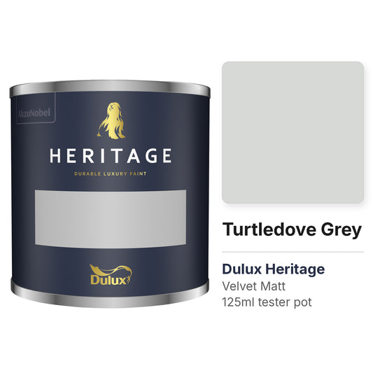 Dulux Heritage Turtledove Grey 125ml tester pot and colour swatch