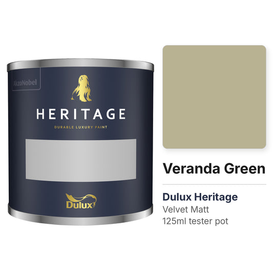 Dulux Heritage Veranda Green 125ml tester pot and colour swatch