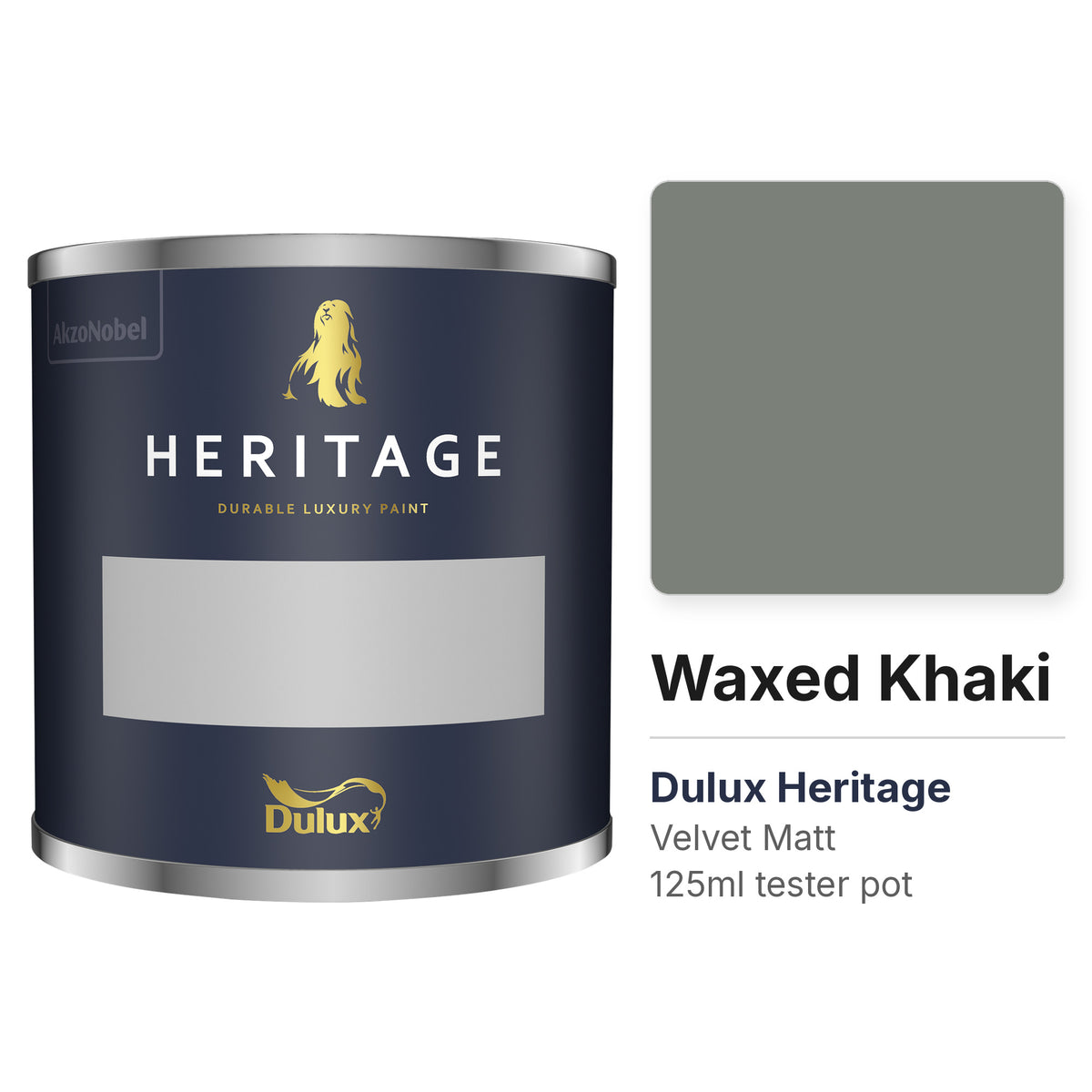 Dulux Heritage Waxed Khaki 125ml tester pot and colour swatch
