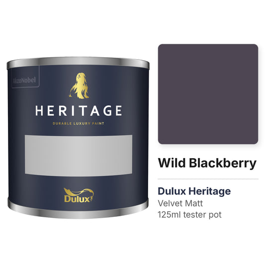 Dulux Heritage Wild Blackberry 125ml tester pot and colour swatch