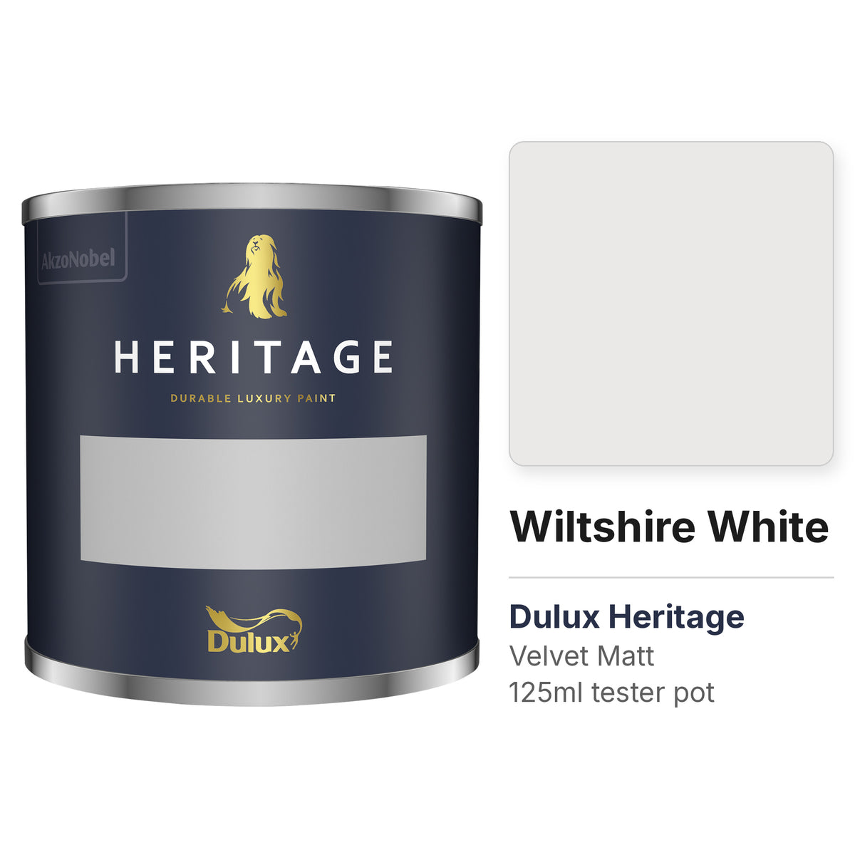 Dulux Heritage Wiltshire White 125ml tester pot and colour swatch