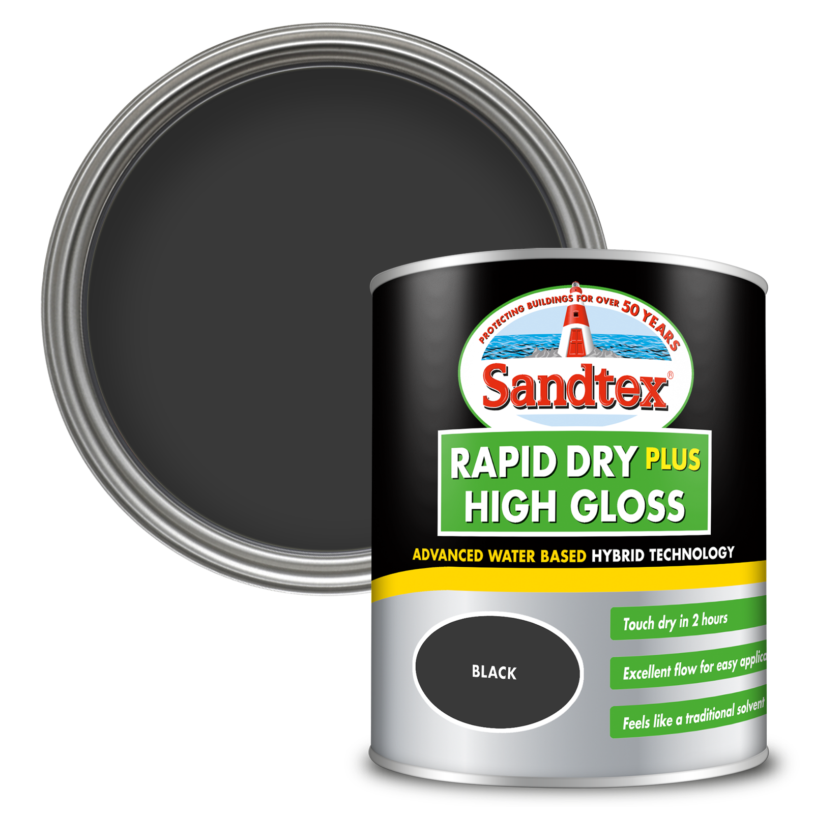 Sandtex Rapid Dry Plus High Gloss Paint - Black - 750ml